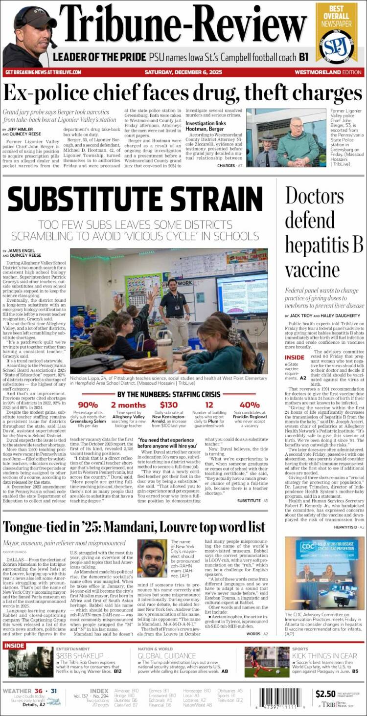 Portada de Tribune-Review (USA)