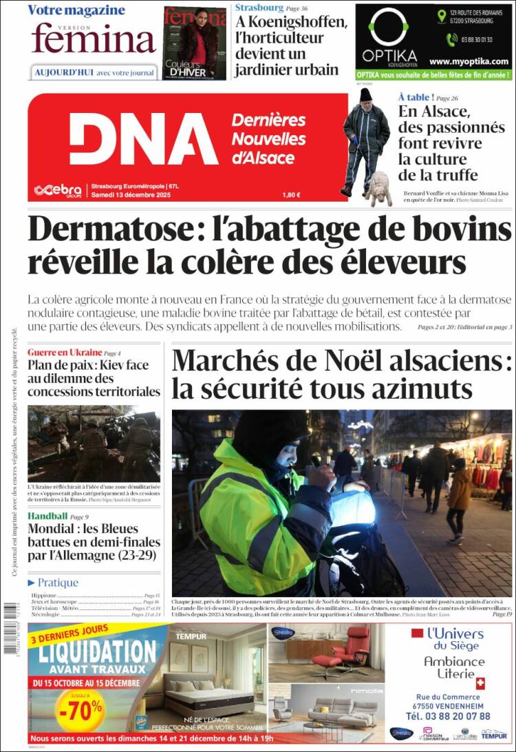 Portada de Les Dernières Nouvelles d'Alsace (Francia)