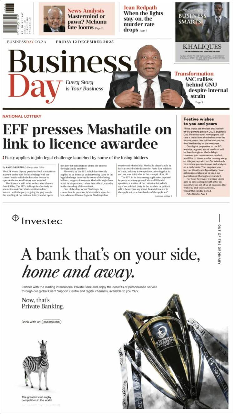 Portada de Business Day (Sud&aacute;frica)