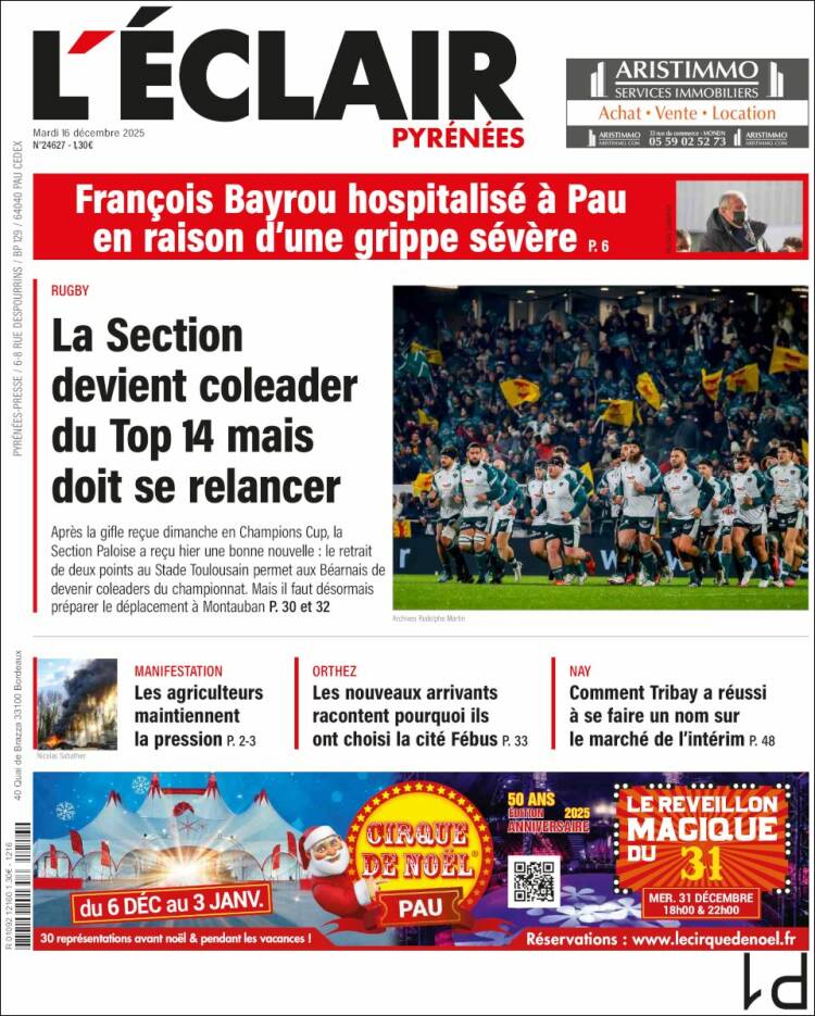 Portada de L'Eclair des Pyrénées (Francia)
