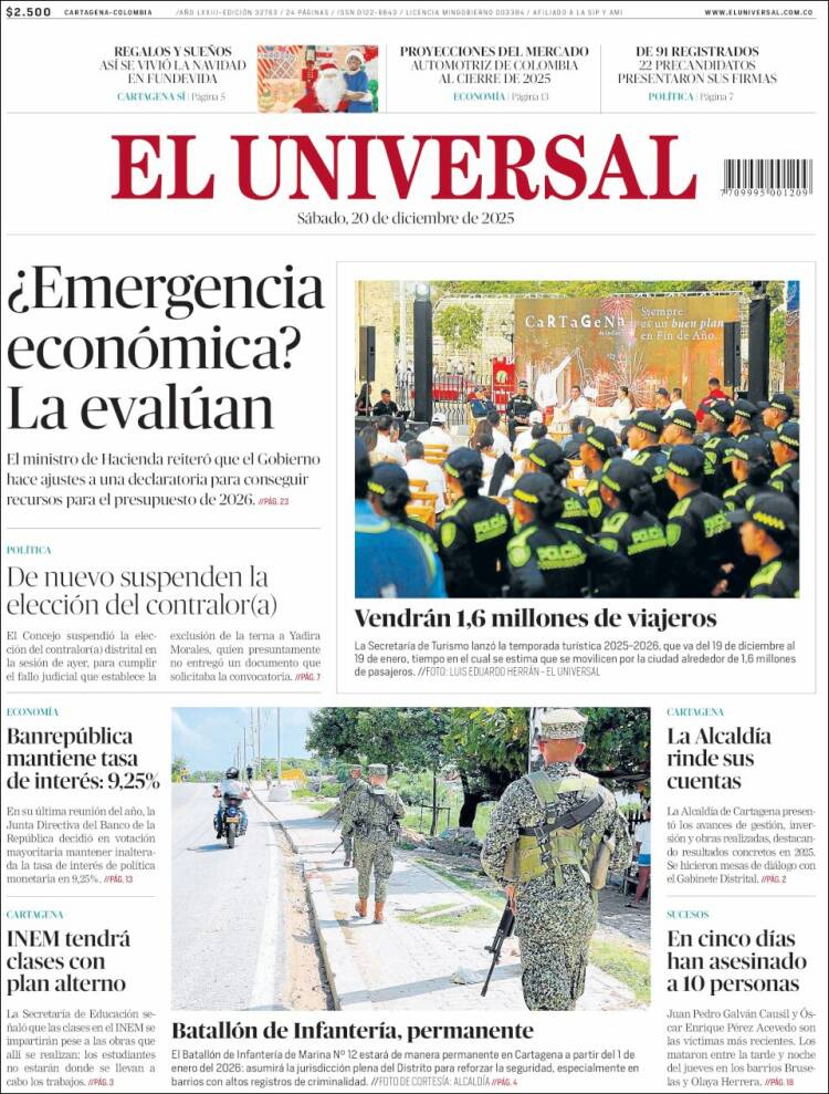 Portada de El Universal (Colombia)