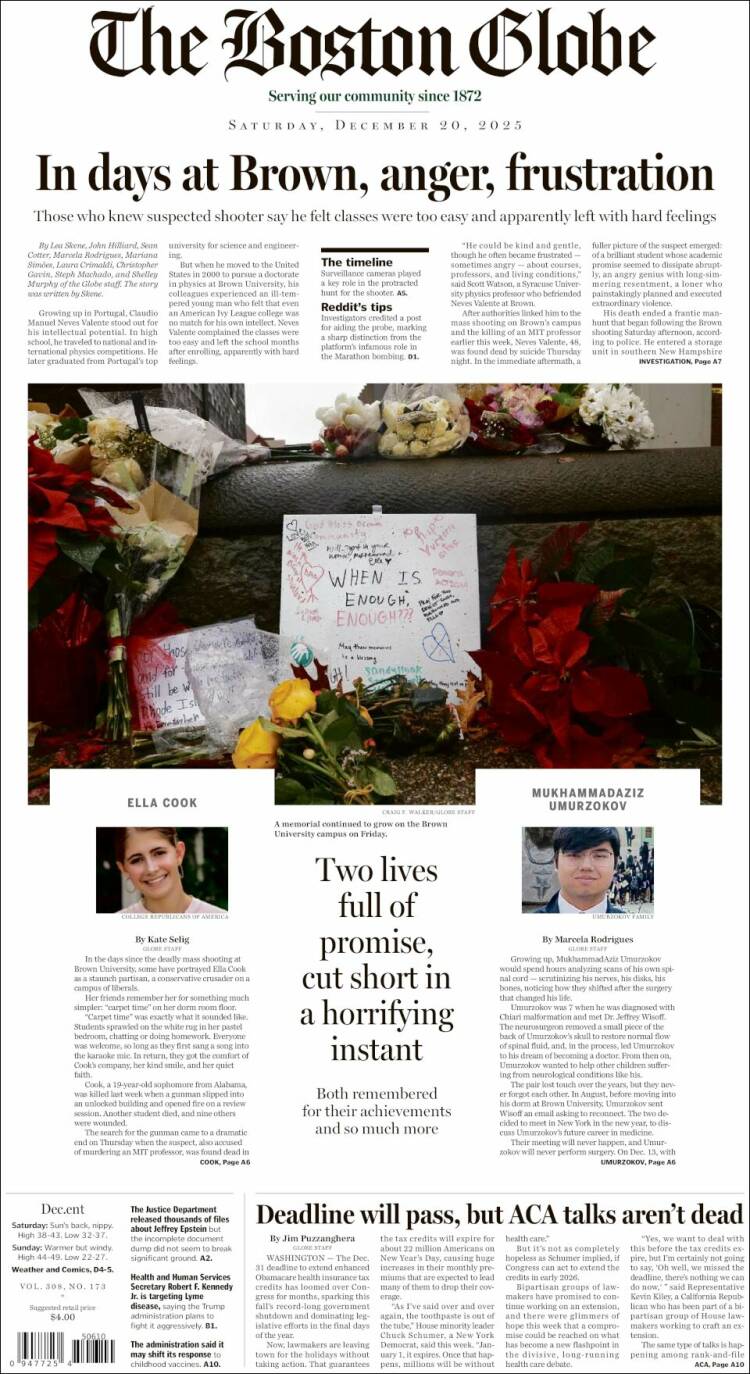 Portada de Boston Globe (USA)