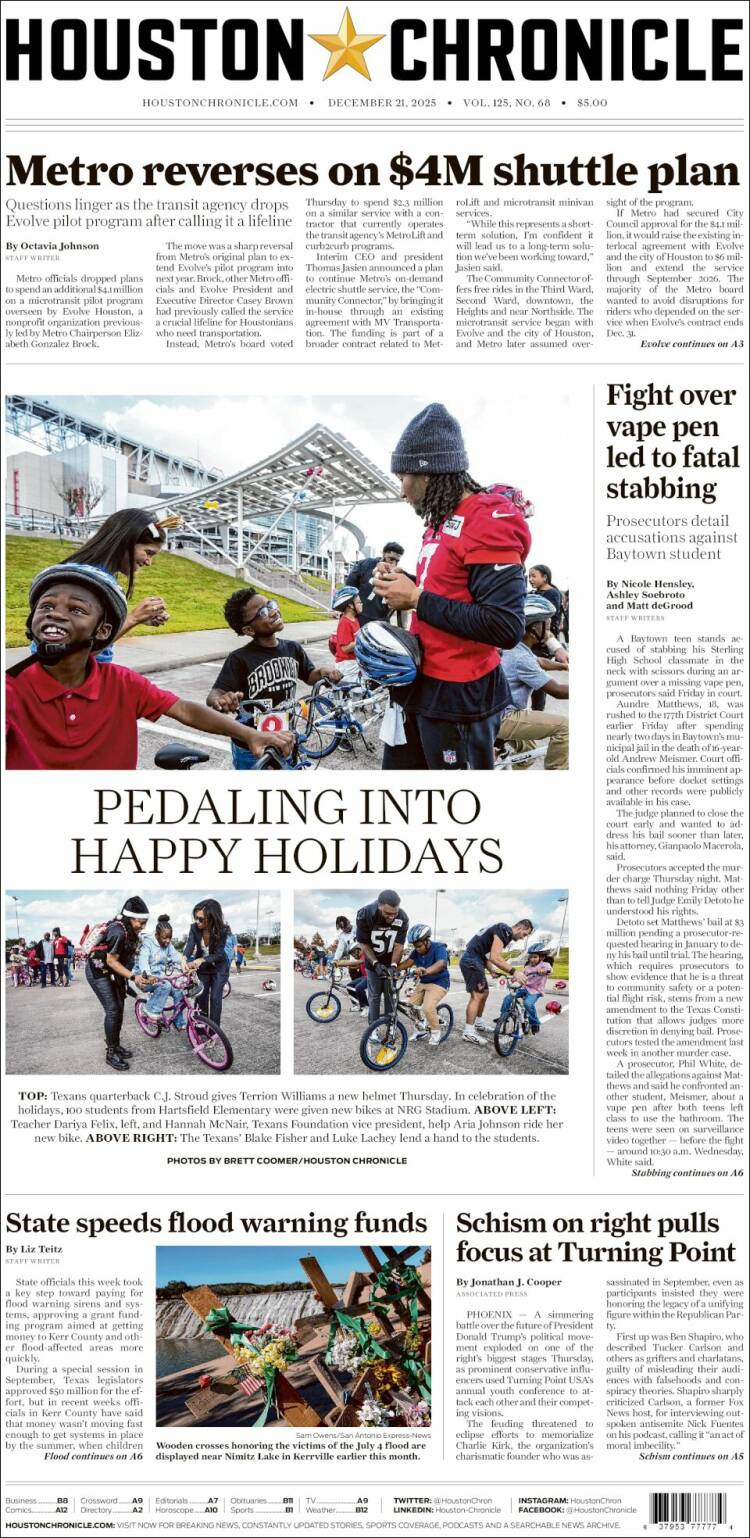 Portada de Houston Chronicle (USA)