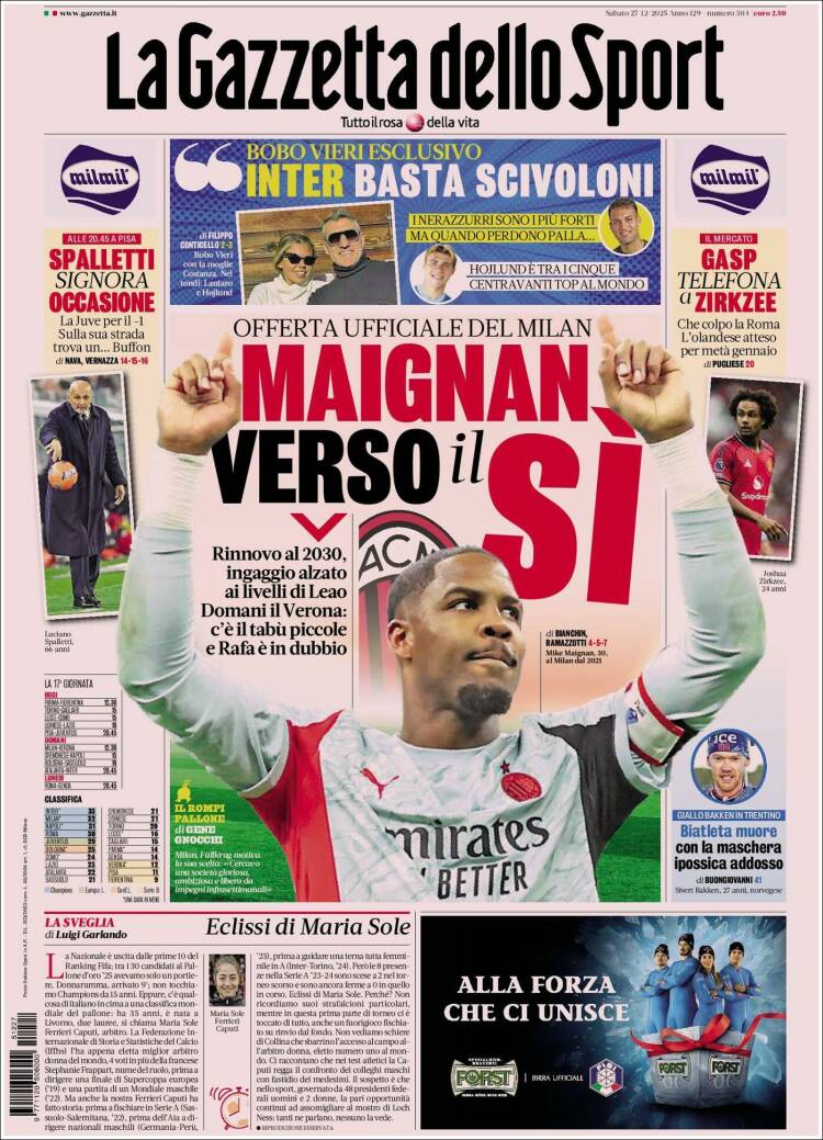 Portada de La Gazzetta dello Sport (Italia)