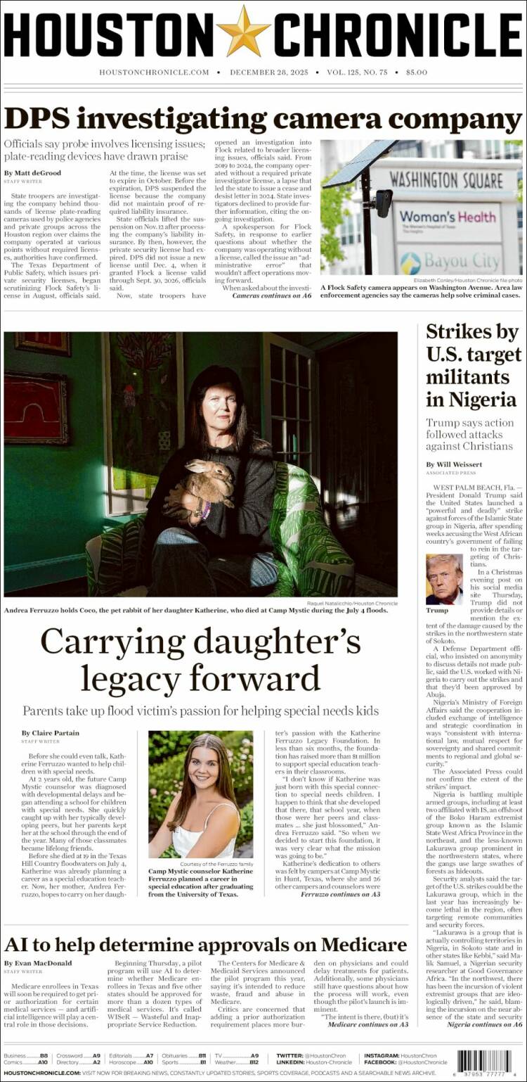 Portada de Houston Chronicle (USA)
