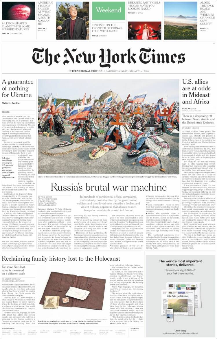 Portada de International New York Times (Europa)
