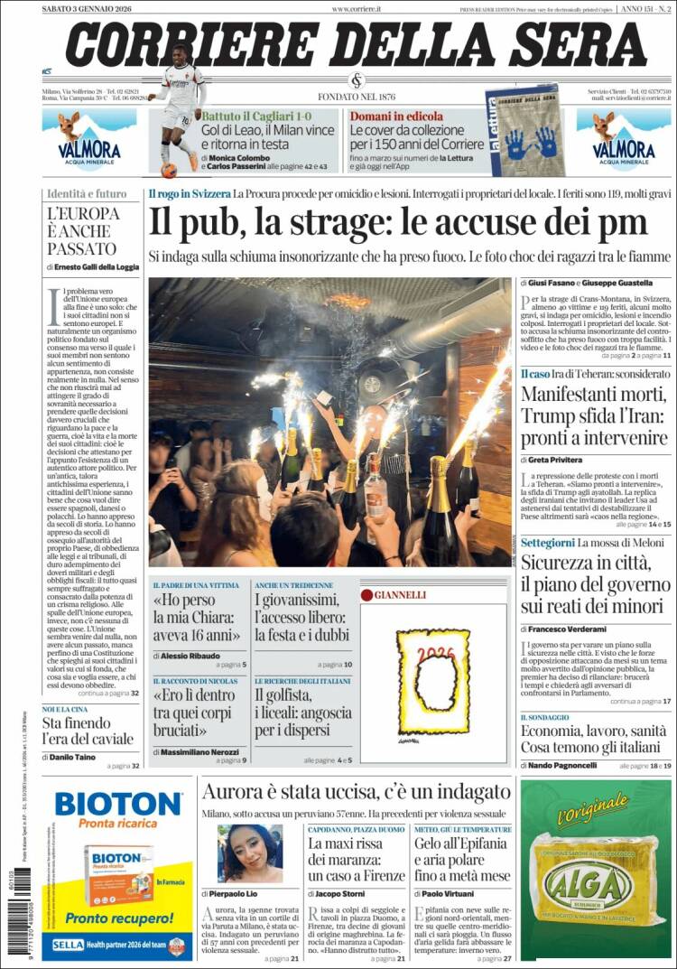 Portada de Corriere della Sera (Italia)