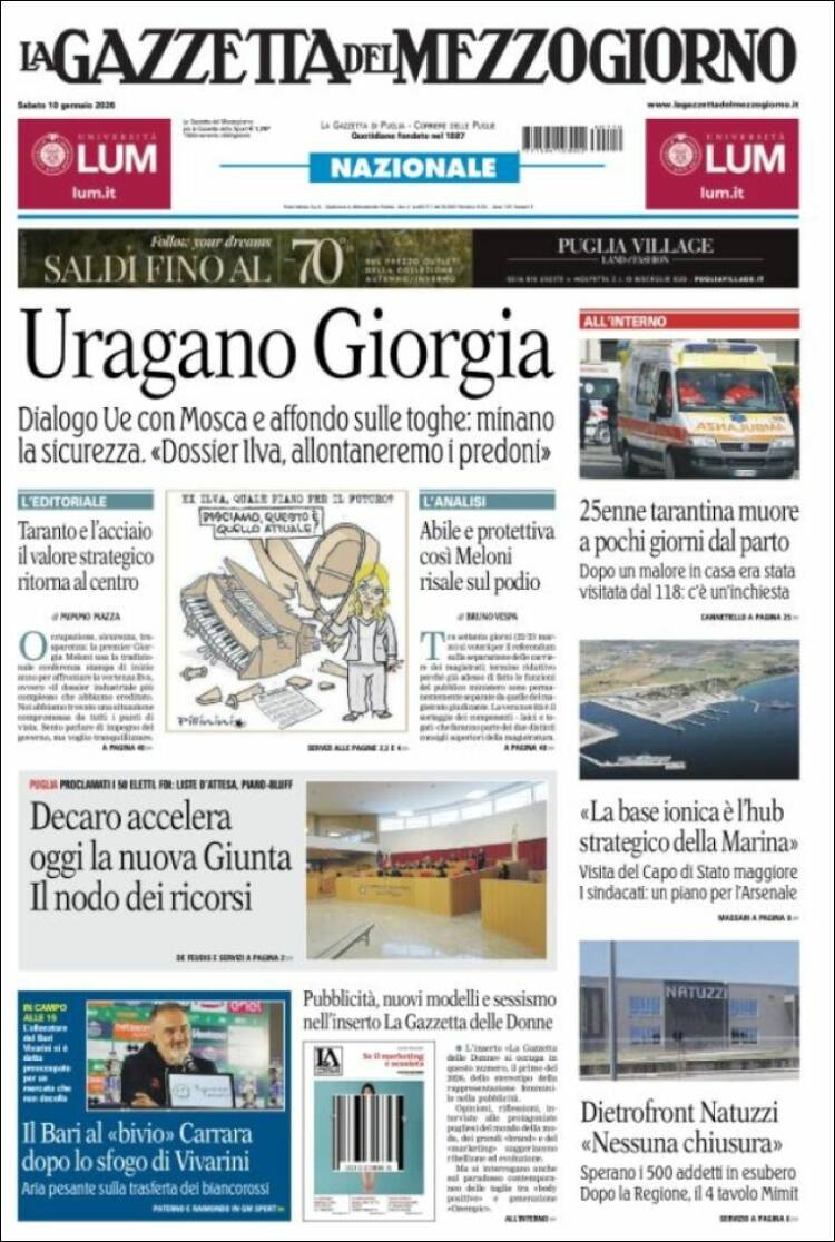 Portada de La Gazzetta del Mezzogiorno (Italia)