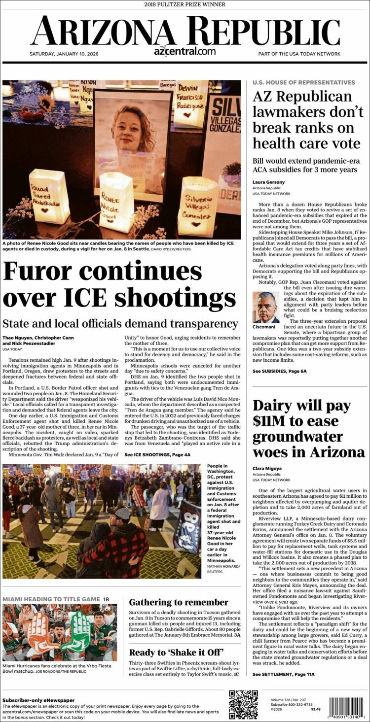 Portada de Arizona Republic News (USA)
