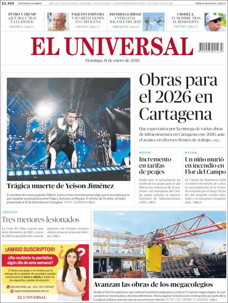 Portada de El Universal (Colombia)