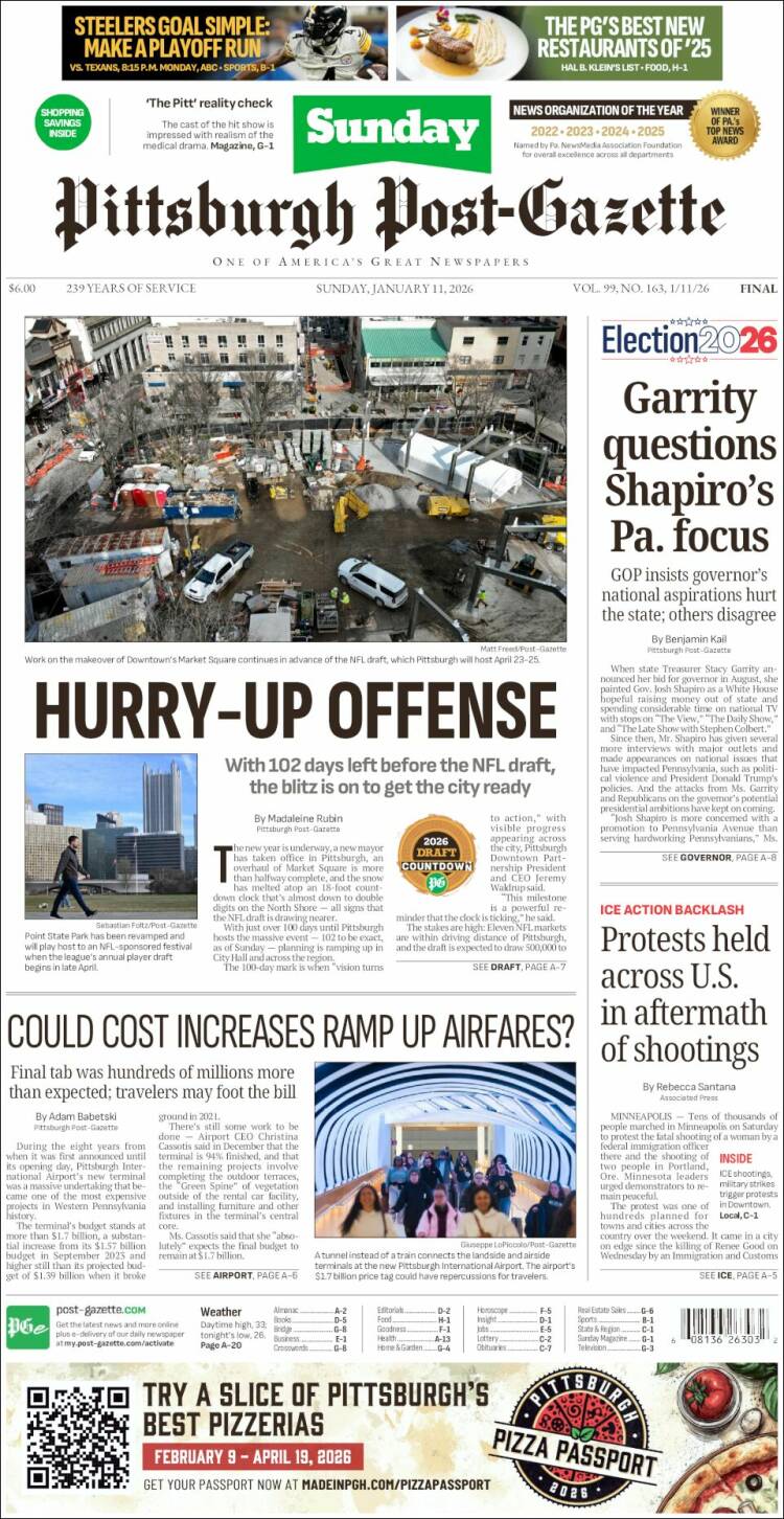 Portada de Pittsburgh Post-Gazette (USA)