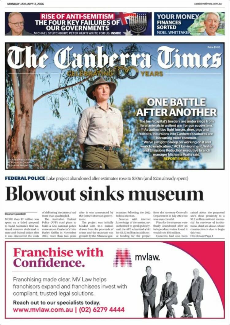 Portada de The Canberra Times (Australia)