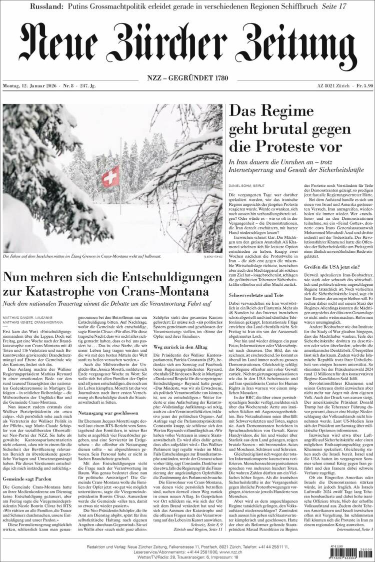 Portada de Neue Zürcher Zeitung (Suiza)