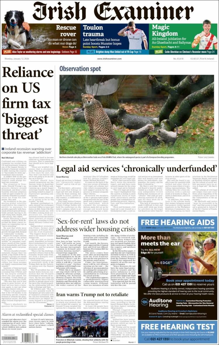 Portada de Irish Examiner (Irlanda)