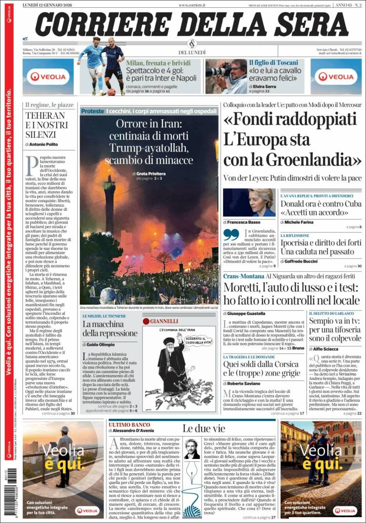 Portada de Corriere della Sera (Italia)