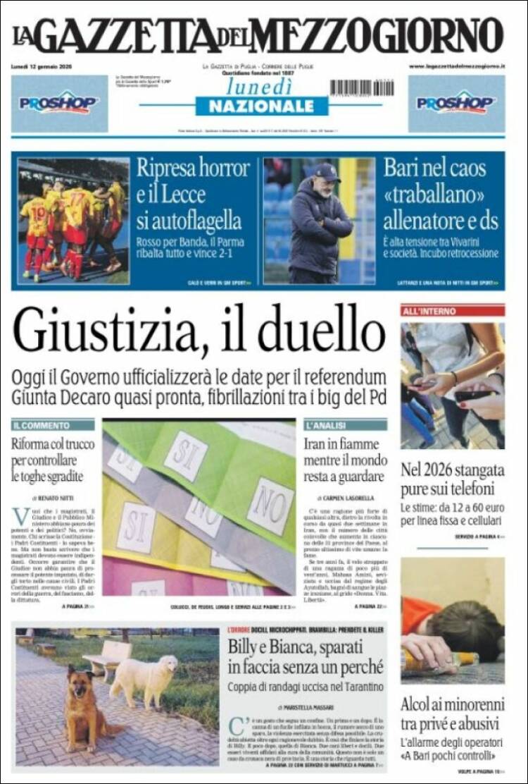 Portada de La Gazzetta del Mezzogiorno (Italia)