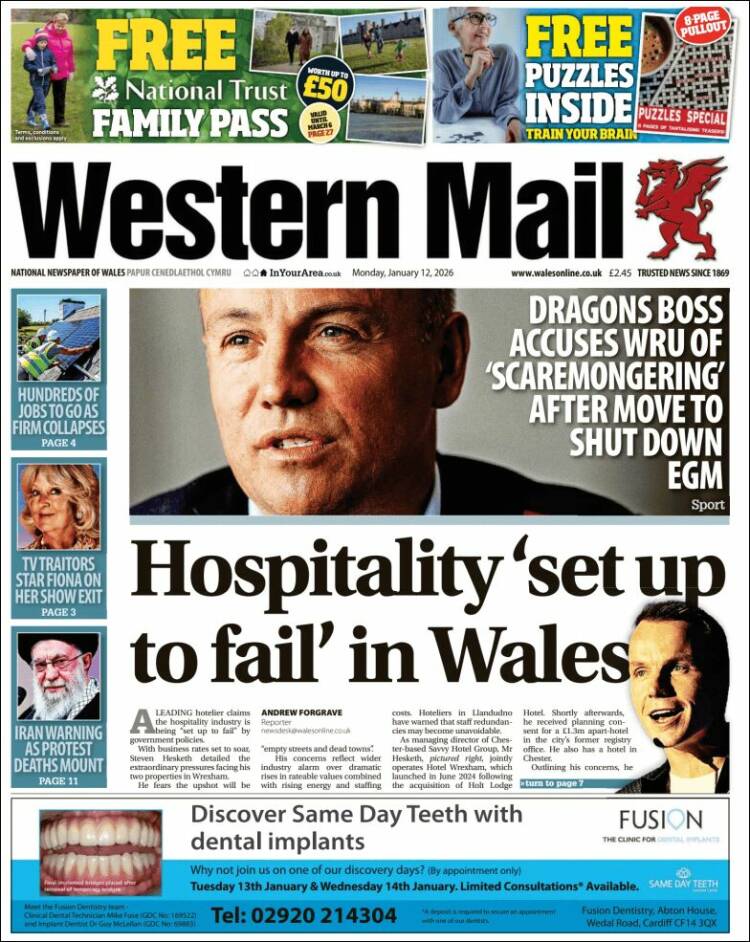 Portada de Western Mail (Reino Unido)