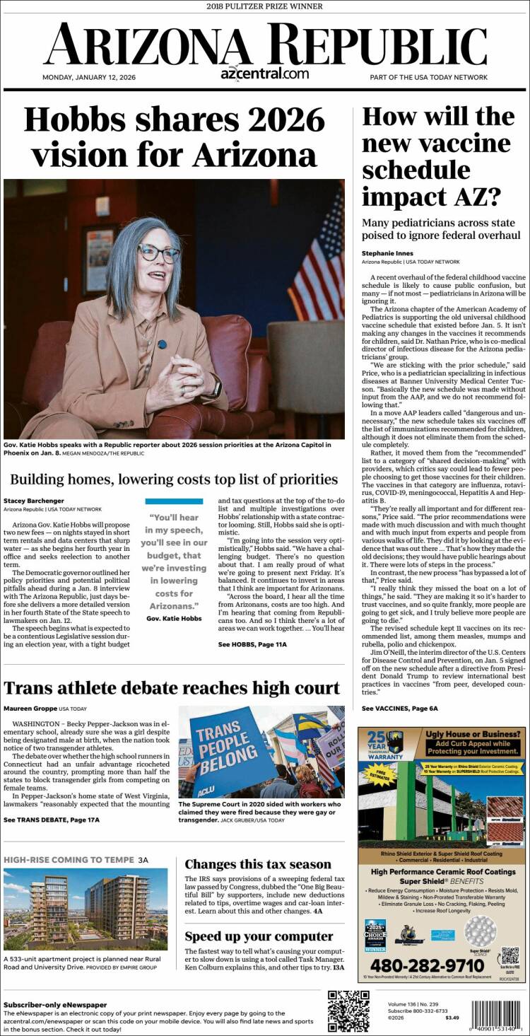 Portada de Arizona Republic News (USA)