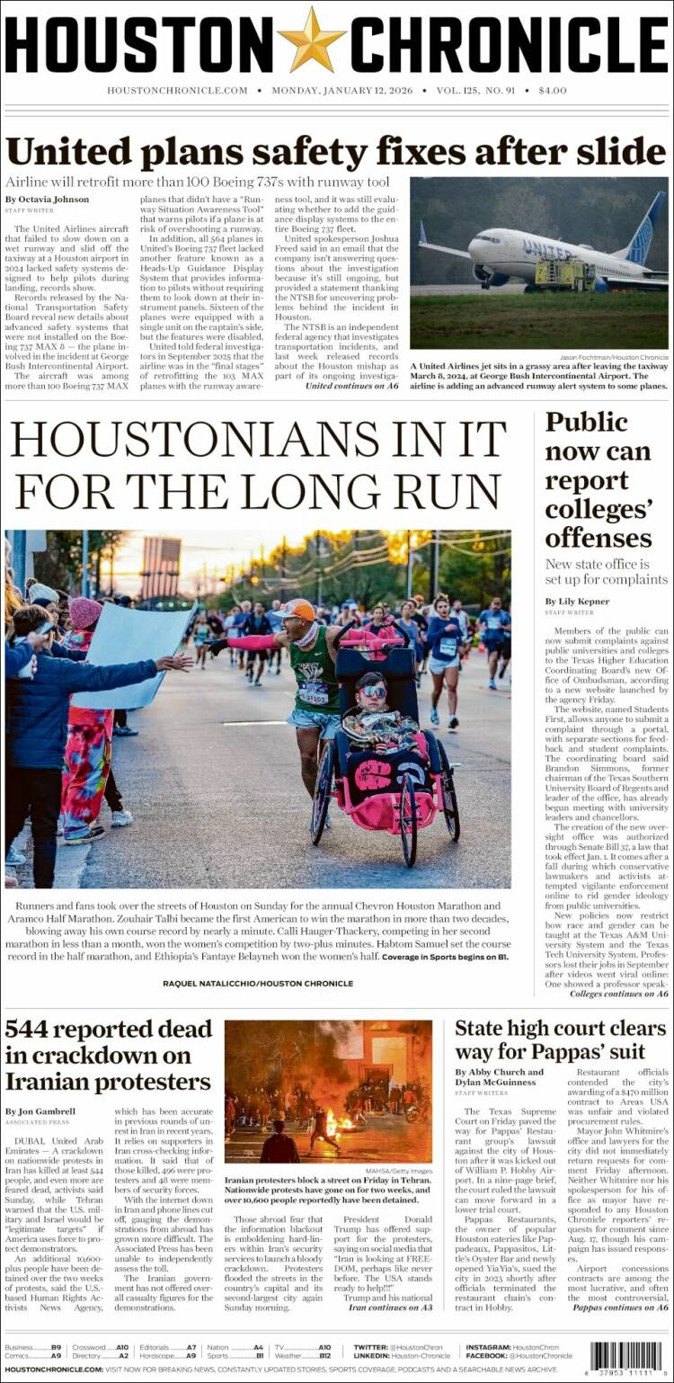Portada de Houston Chronicle (USA)