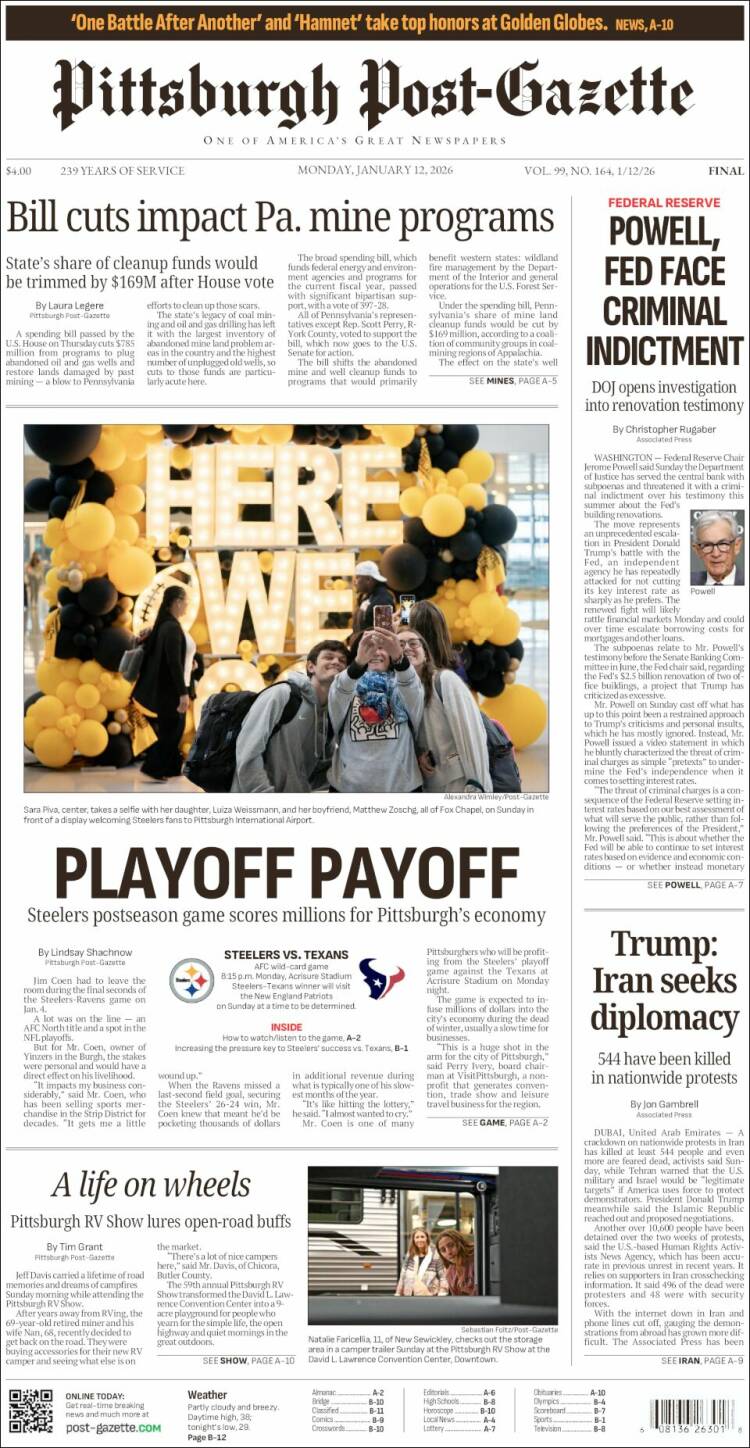 Portada de Pittsburgh Post-Gazette (USA)