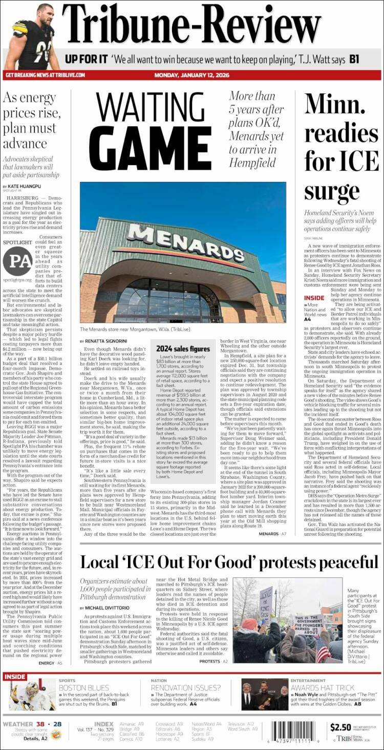 Portada de Tribune-Review (USA)