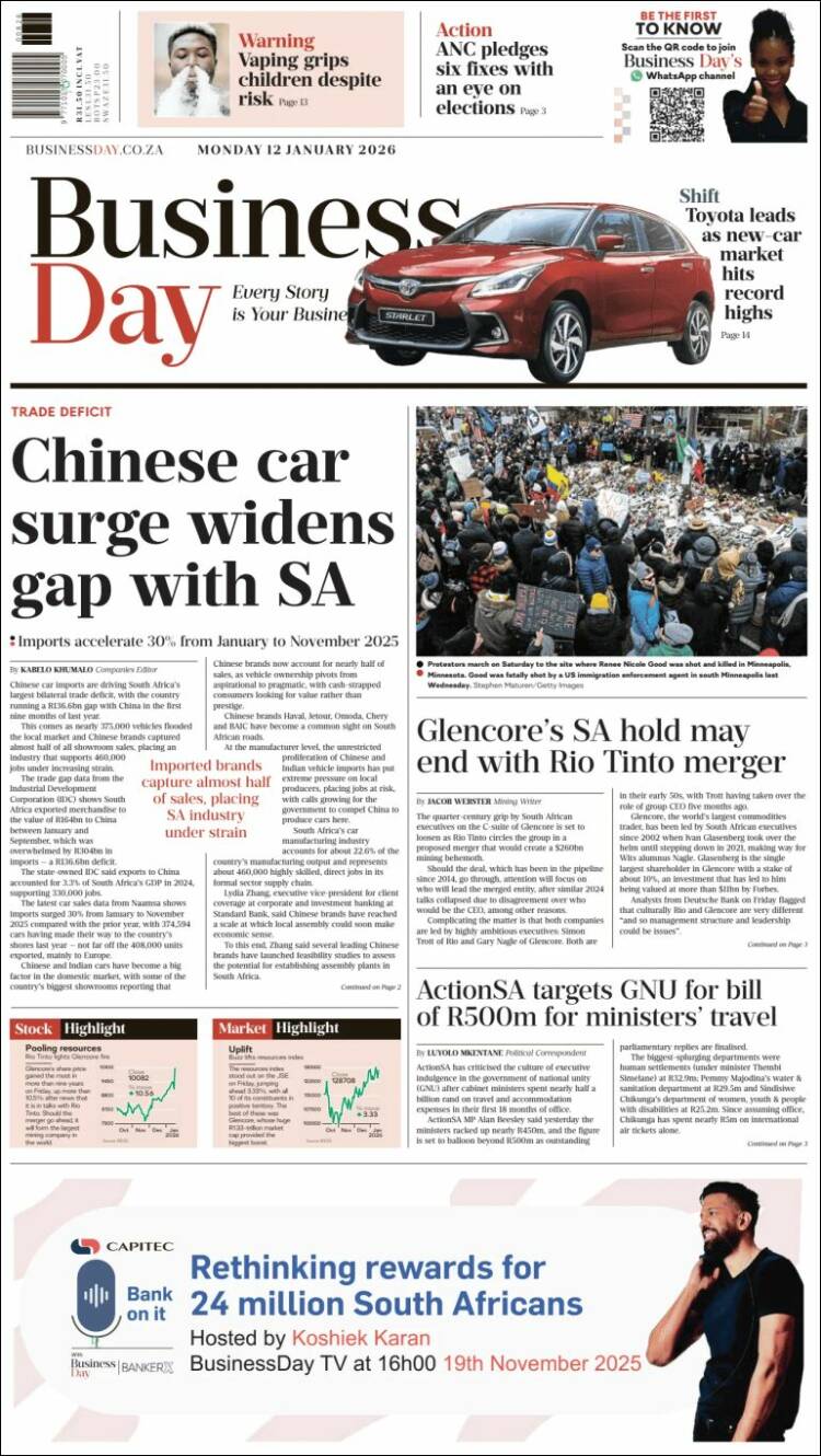 Portada de Business Day (Sud&aacute;frica)