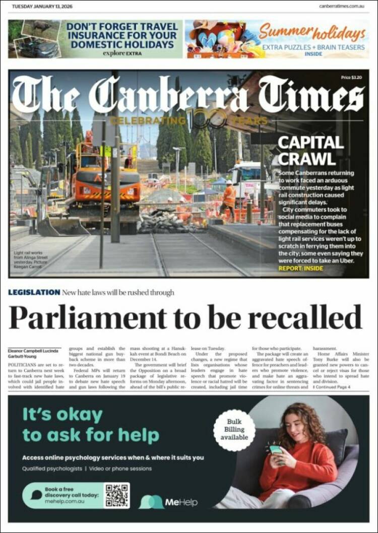 Portada de The Canberra Times (Australia)