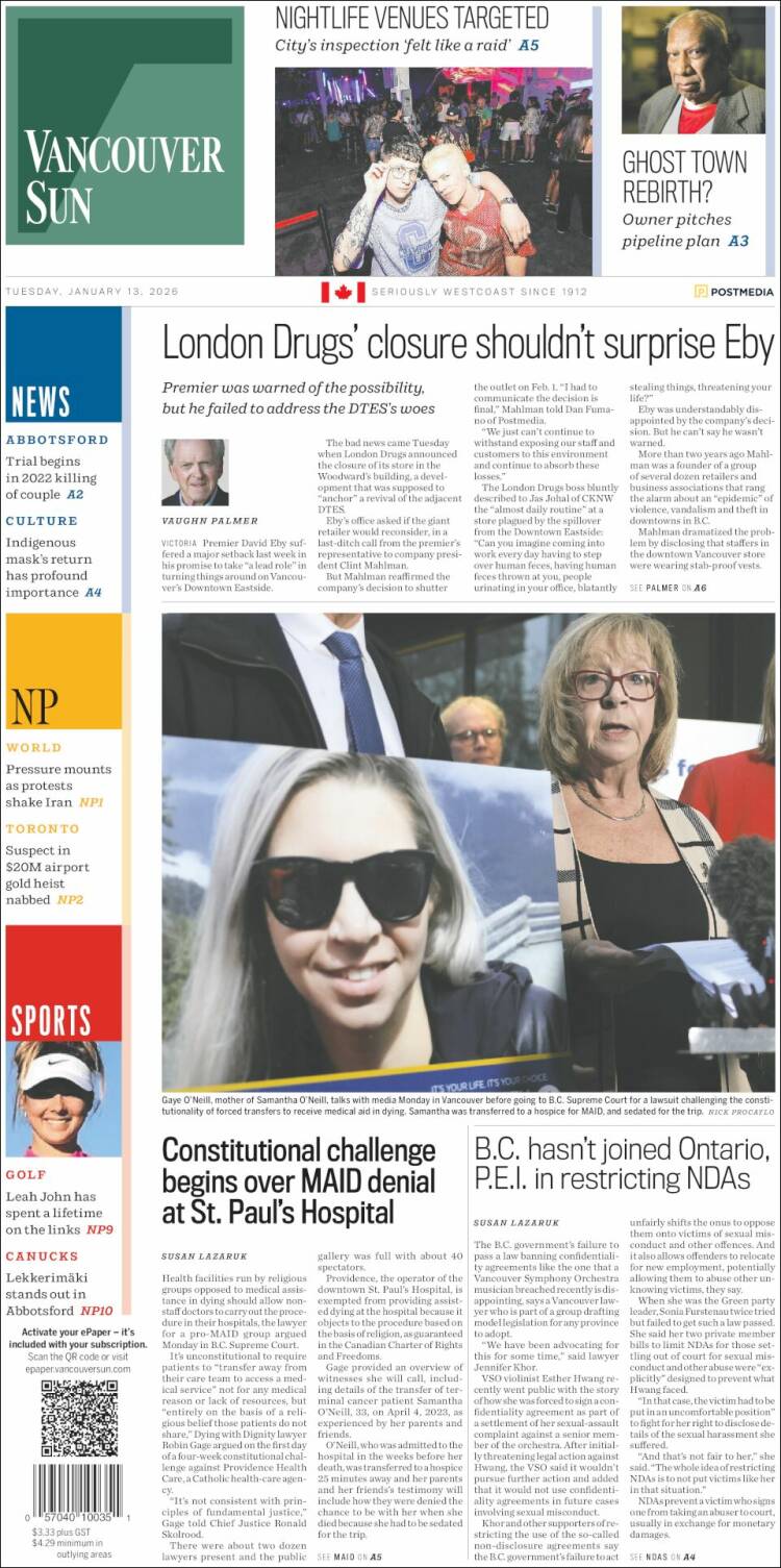 Portada de The Vancouver Sun (Canada)
