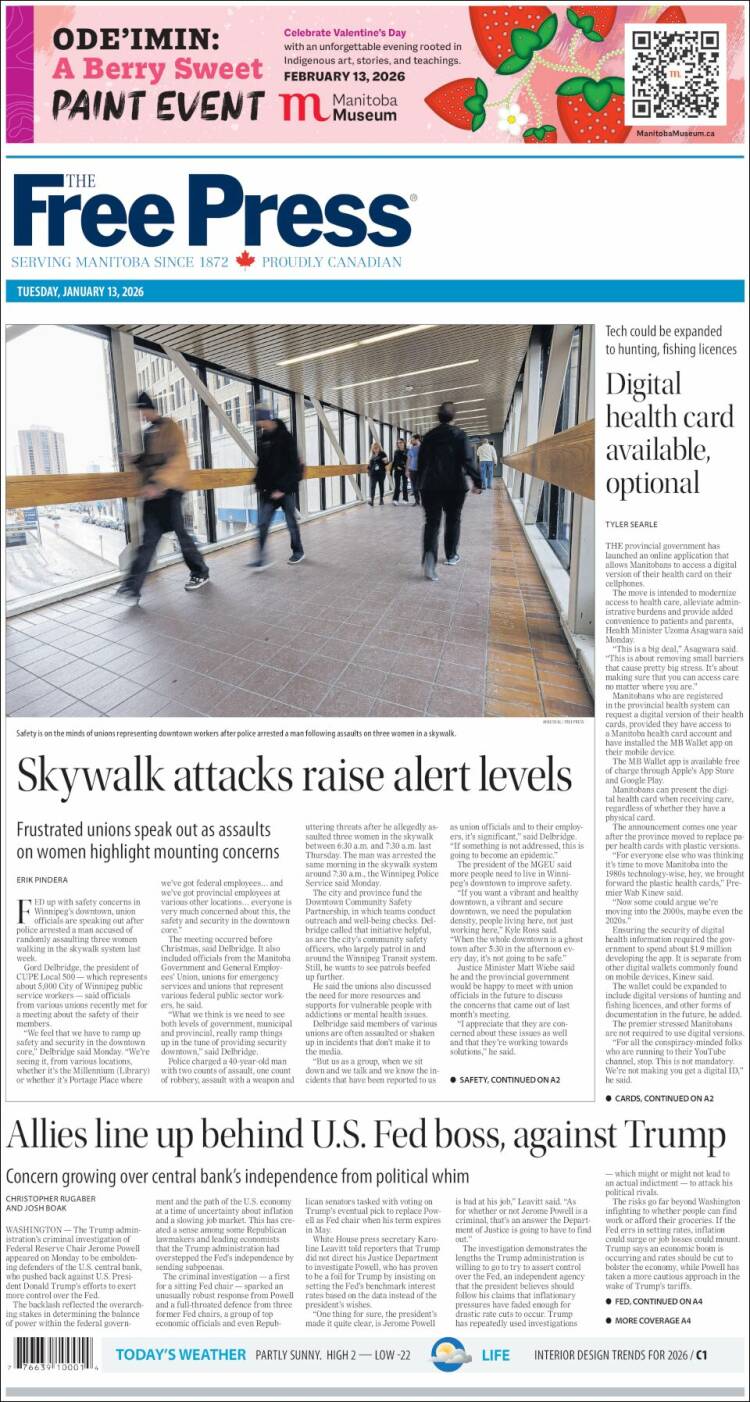 Portada de Winnipeg Free Press (Canad&aacute;)