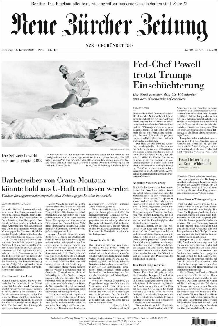 Portada de Neue Zürcher Zeitung (Suiza)