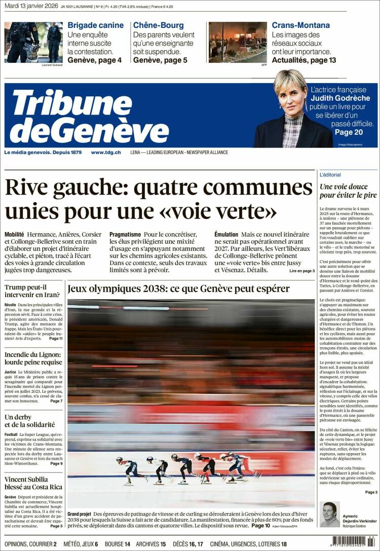 Portada de La Tribune de Genève (Suiza)