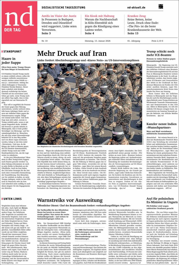 Portada de Neues Deutschland (Alemania)