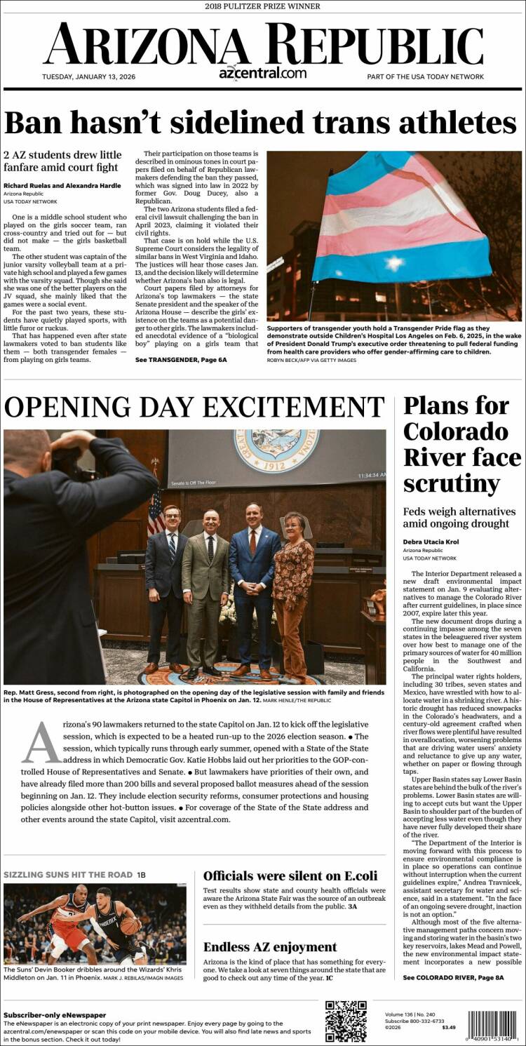 Portada de Arizona Republic News (USA)