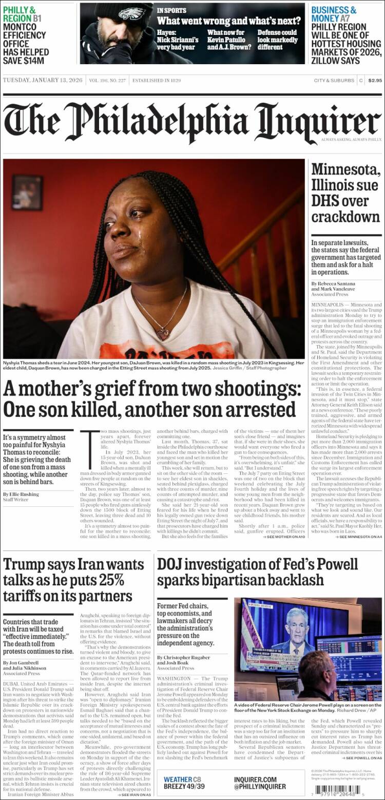 Portada de Philadelphia Inquirer (USA)