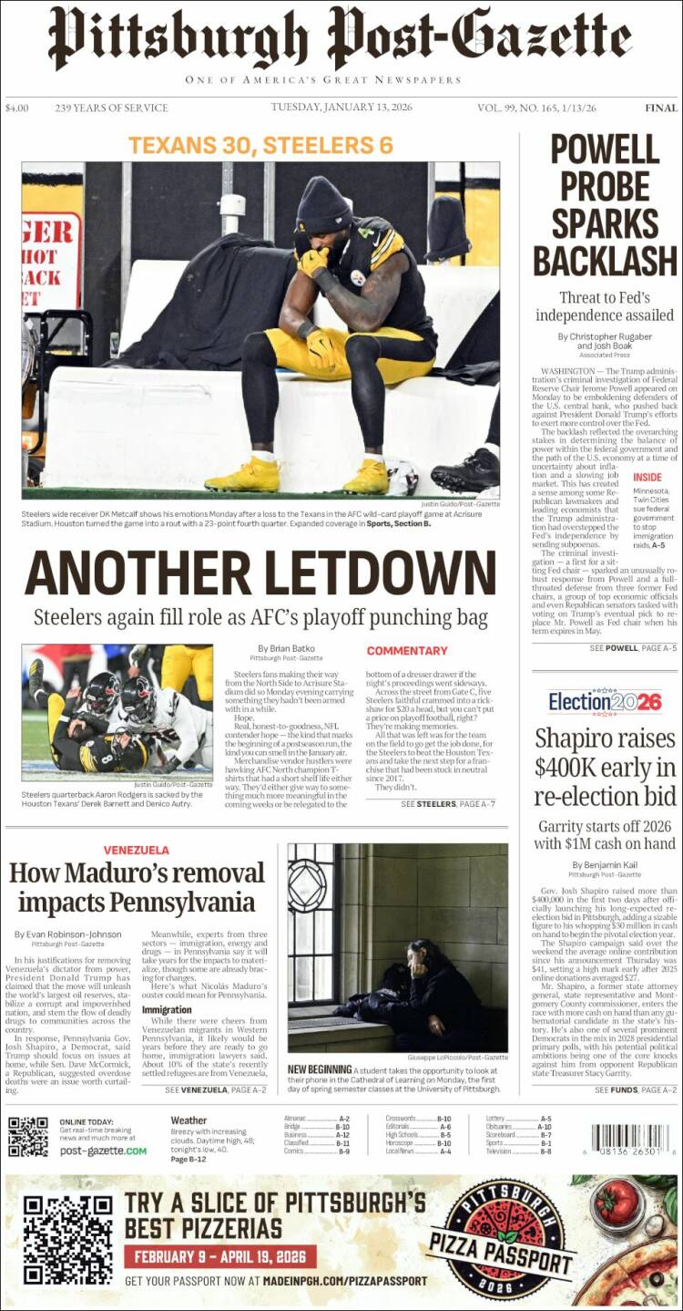 Portada de Pittsburgh Post-Gazette (USA)