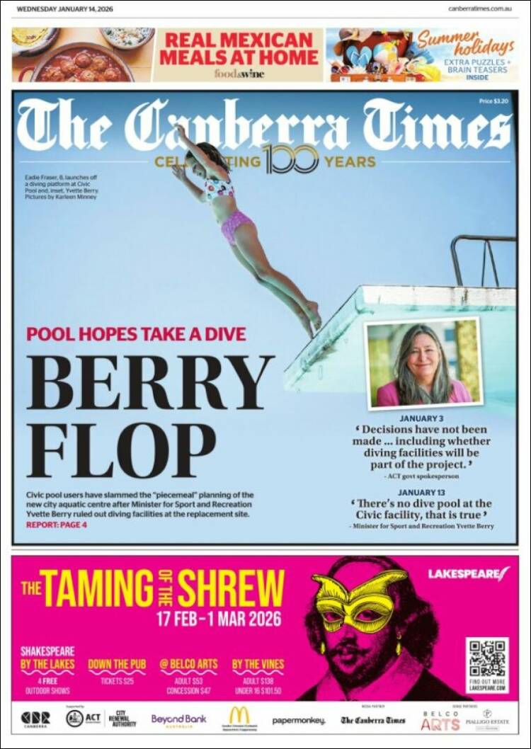 Portada de The Canberra Times (Australia)