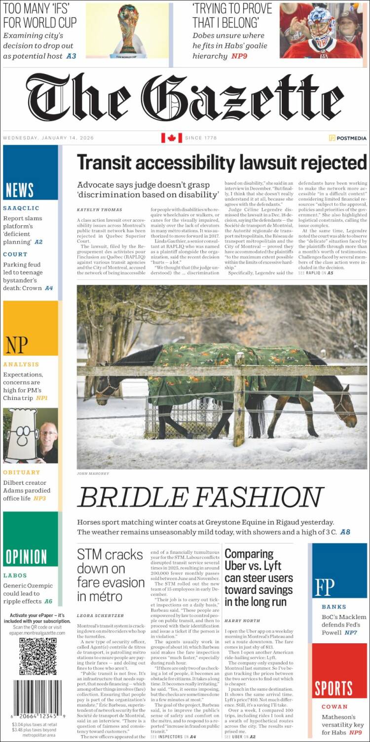 Portada de The Gazette (Canad&aacute;)