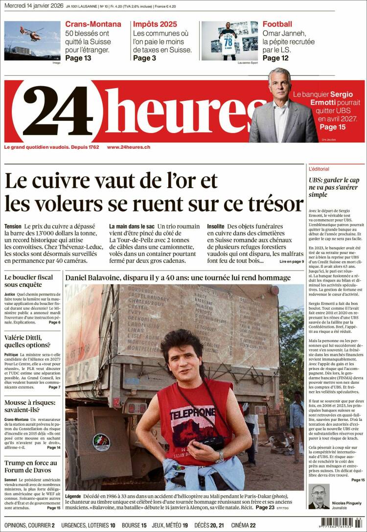Portada de 24 Heures (Suiza)