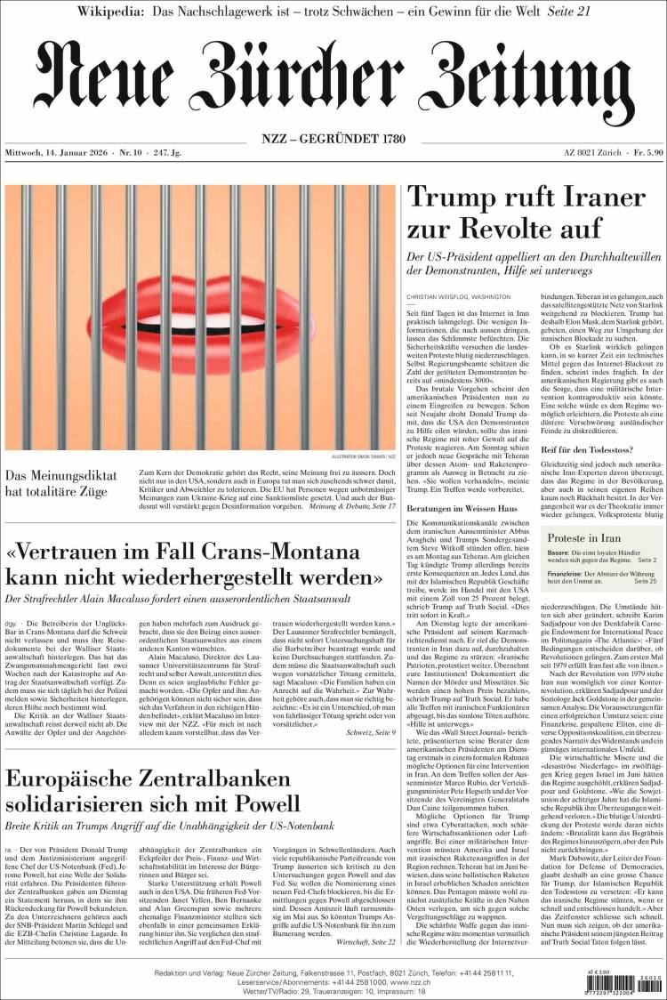 Portada de Neue Zürcher Zeitung (Suiza)