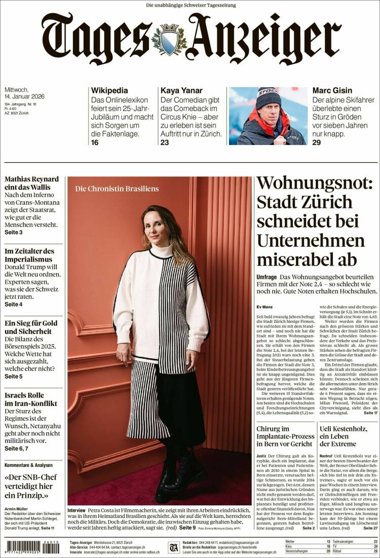 Portada de Tages-Anzeiger (Suiza)