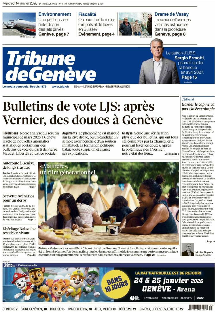Portada de La Tribune de Genève (Suiza)