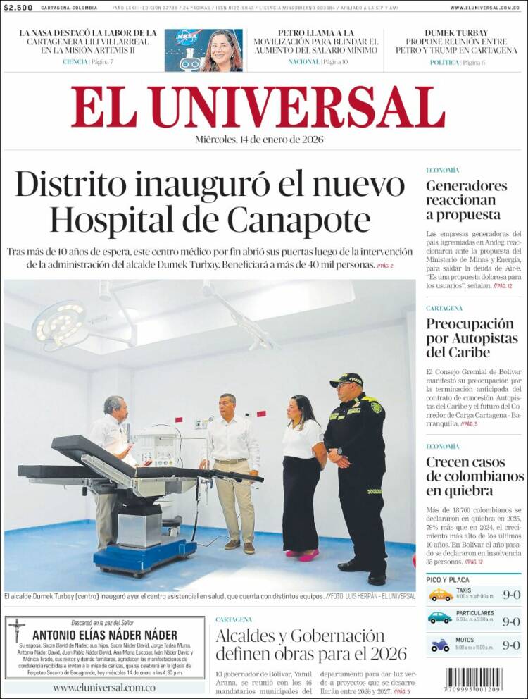 Portada de El Universal (Colombia)