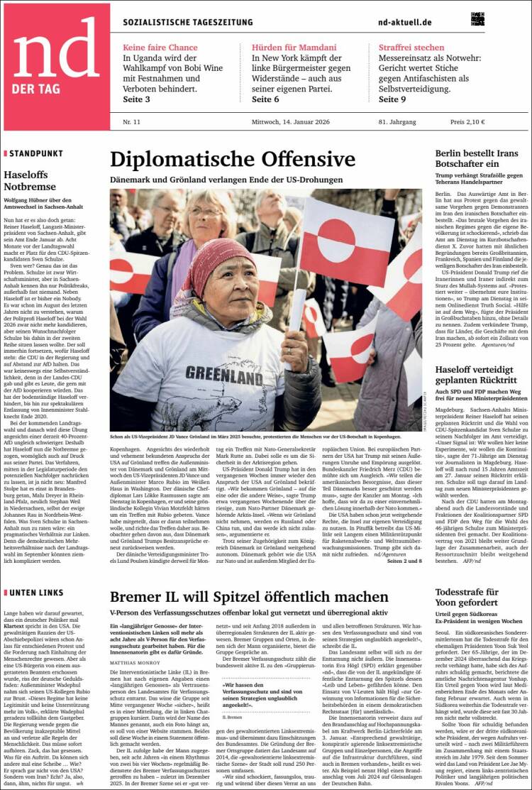 Portada de Neues Deutschland (Alemania)