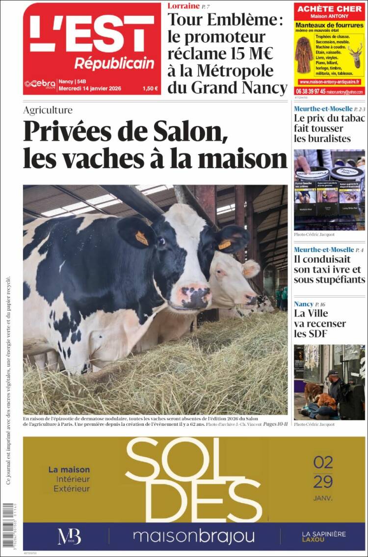 Portada de L'Est Republicain (Francia)