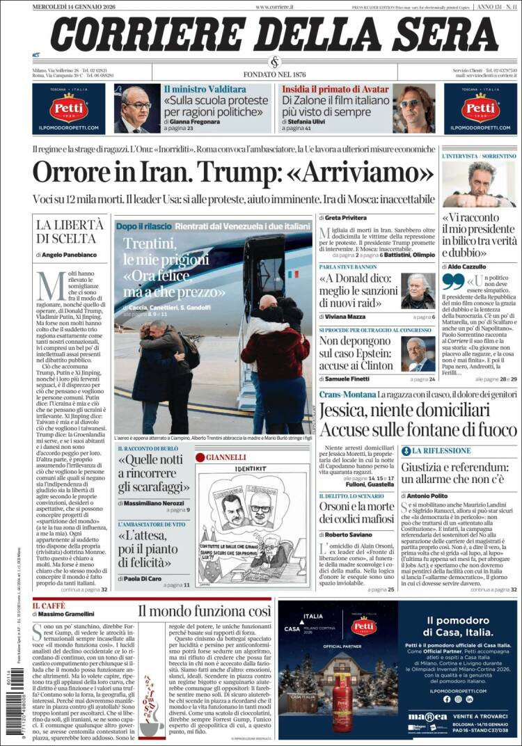 Portada de Corriere della Sera (Italia)