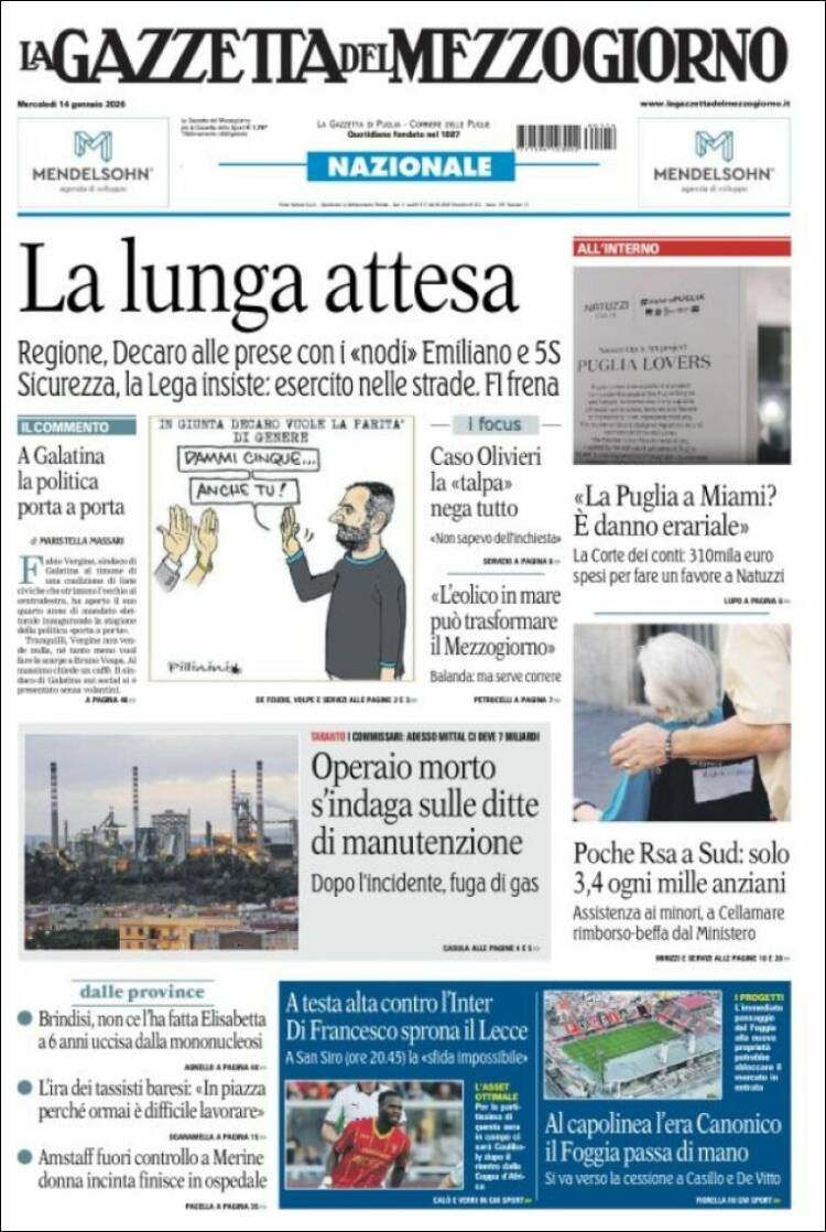 Portada de La Gazzetta del Mezzogiorno (Italia)