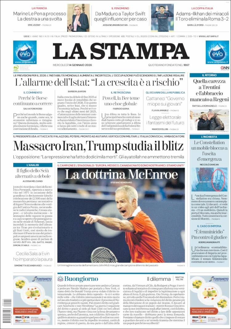 Portada de La Stampa (Italia)