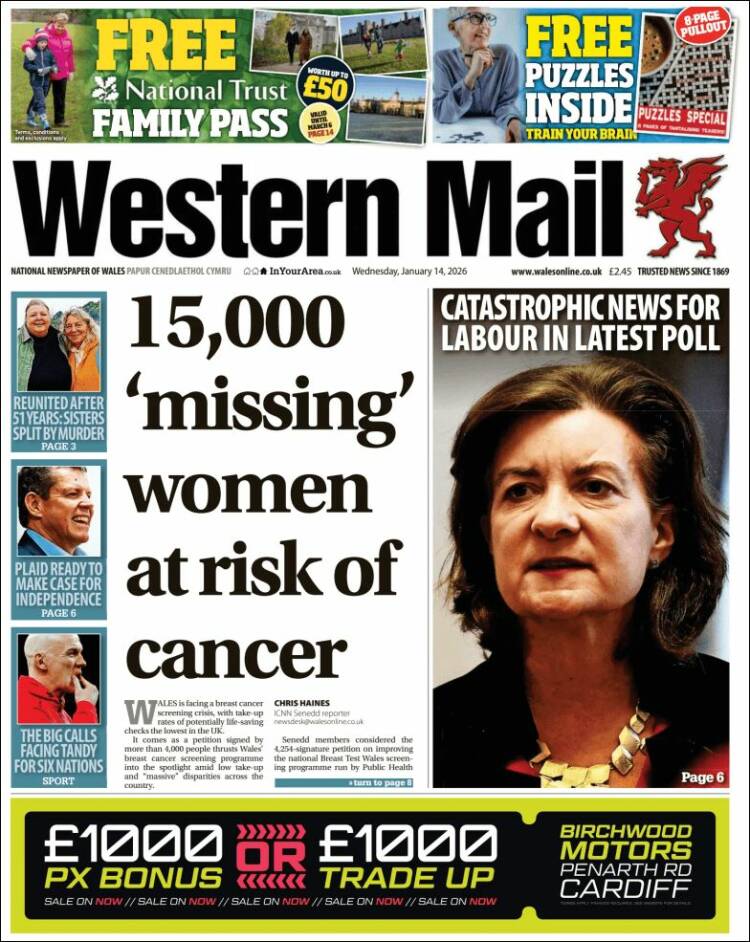 Portada de Western Mail (Reino Unido)