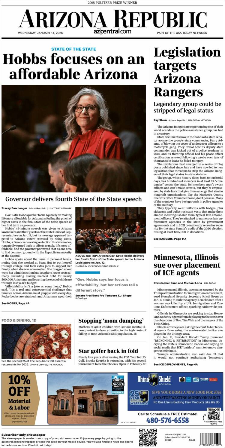Portada de Arizona Republic News (USA)