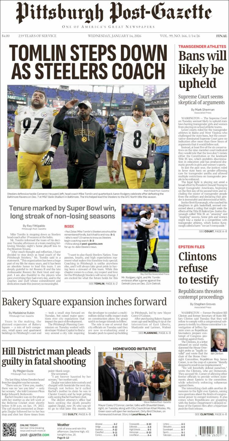 Portada de Pittsburgh Post-Gazette (USA)